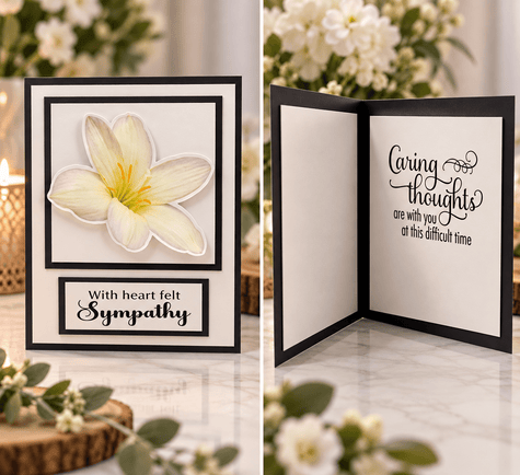 Front and inside view of elegant handmade lily sympathy card designed for condolences, bereavement and thoughtful grief support.