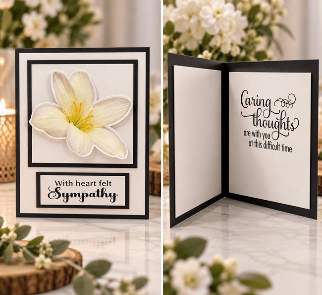 Front and inside view of elegant handmade lily sympathy card designed for condolences, bereavement and thoughtful grief support.