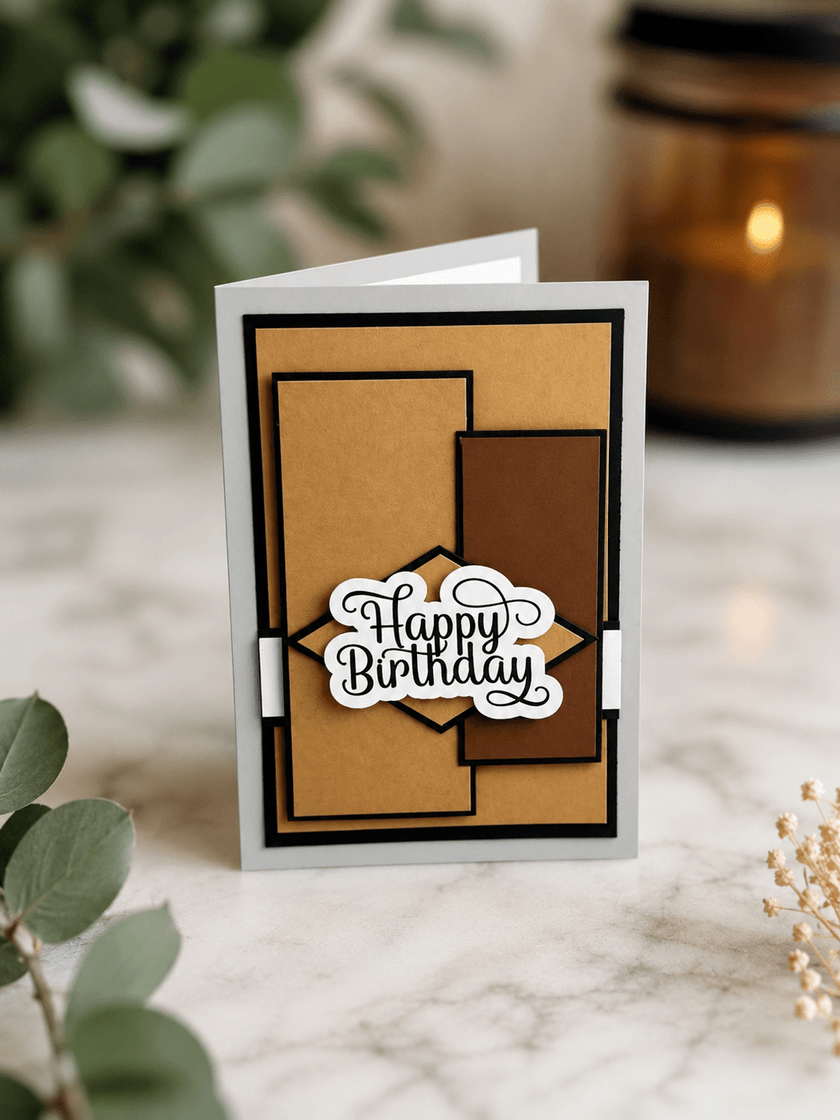 Premium neutral birthday greeting card displayed in a modern setting with dimensional geometric details and a bold black script birthday message.