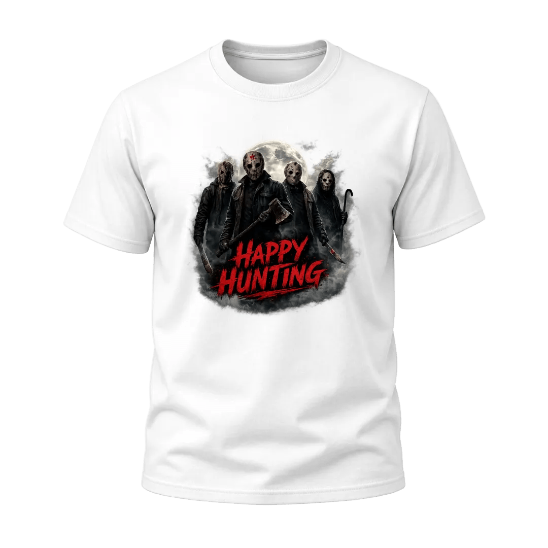 White Happy Hunting adult T shirt featuring dark masked characters, a moonlit background and vivid red Halloween lettering.