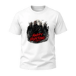 White Happy Hunting adult T shirt featuring dark masked characters, a moonlit background and vivid red Halloween lettering.