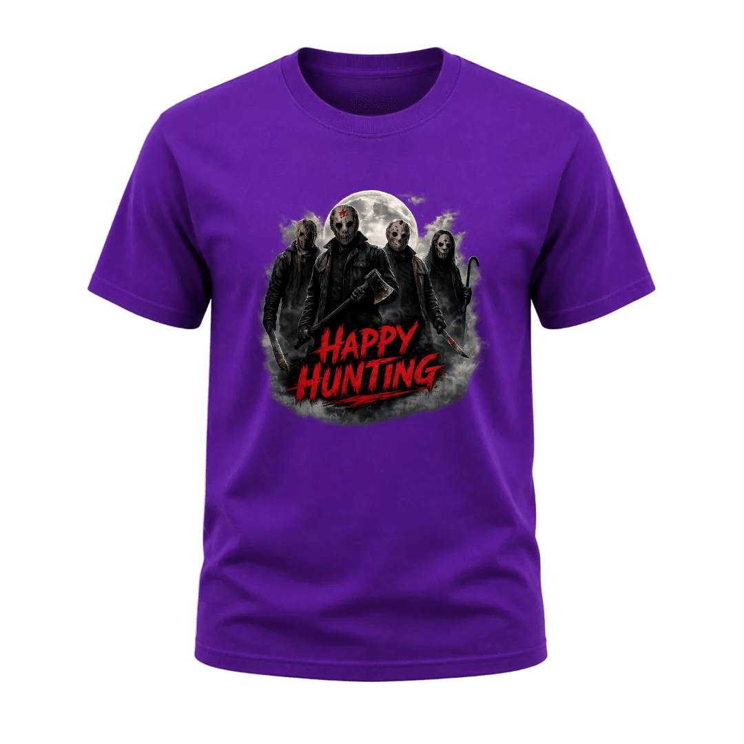 Purple adult Halloween T shirt featuring masked horror figures beneath a full moon with smoky details and red Happy Hunting lettering.