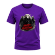 Purple adult Halloween T shirt featuring masked horror figures beneath a full moon with smoky details and red Happy Hunting lettering.