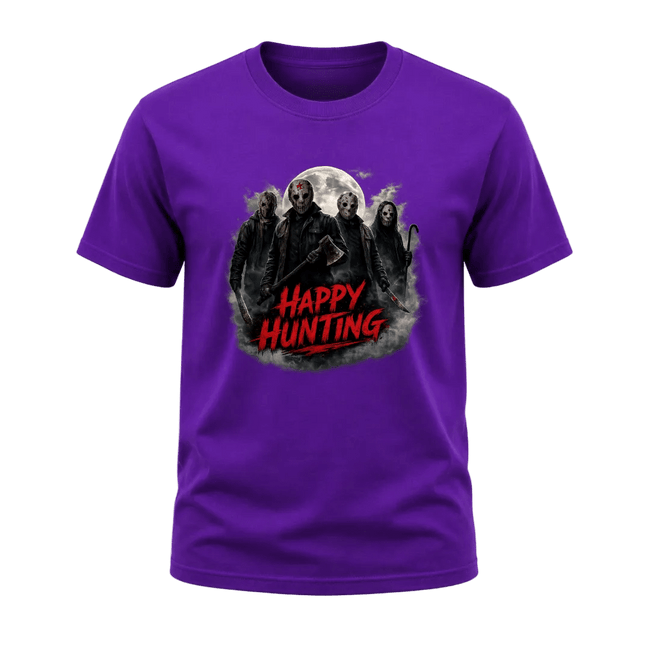 Purple adult Halloween T shirt featuring masked horror figures beneath a full moon with smoky details and red Happy Hunting lettering.