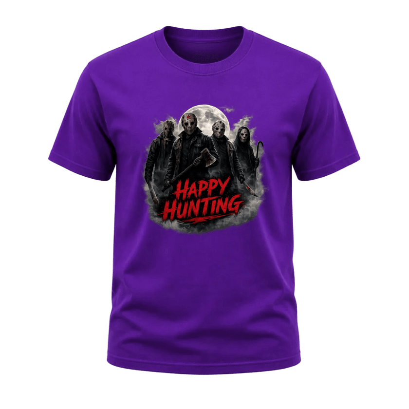 Purple adult Halloween T shirt featuring masked horror figures beneath a full moon with smoky details and red Happy Hunting lettering.