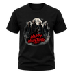 Black adult horror graphic T shirt with masked figures, full moon artwork, smoky details and a red Happy Hunting message.