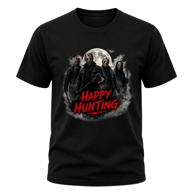 Black adult horror graphic T shirt with masked figures, full moon artwork, smoky details and a red Happy Hunting message.