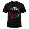 Black adult horror graphic T shirt with masked figures, full moon artwork, smoky details and a red Happy Hunting message.