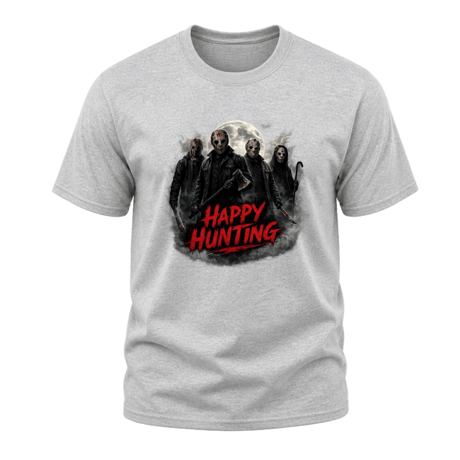 Sport grey adult Halloween graphic tee displaying masked horror figures, a glowing moon and smoky cinematic artwork.