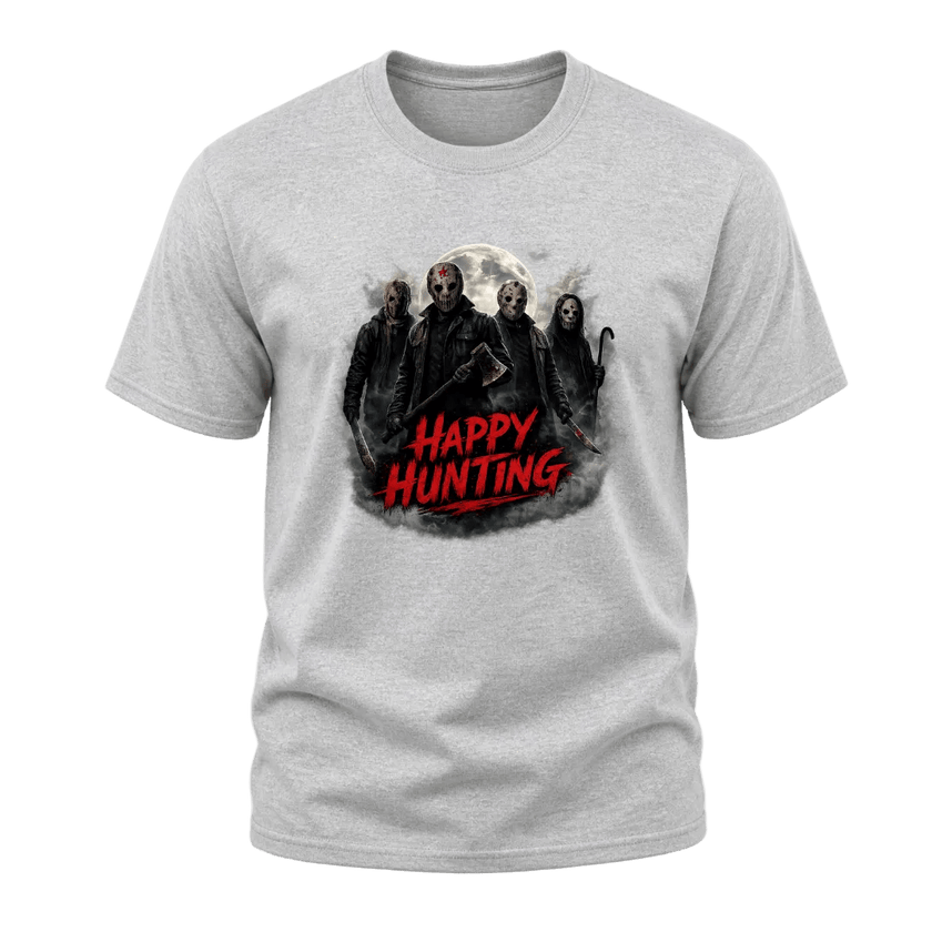 Sport grey adult Halloween graphic tee displaying masked horror figures, a glowing moon and smoky cinematic artwork.