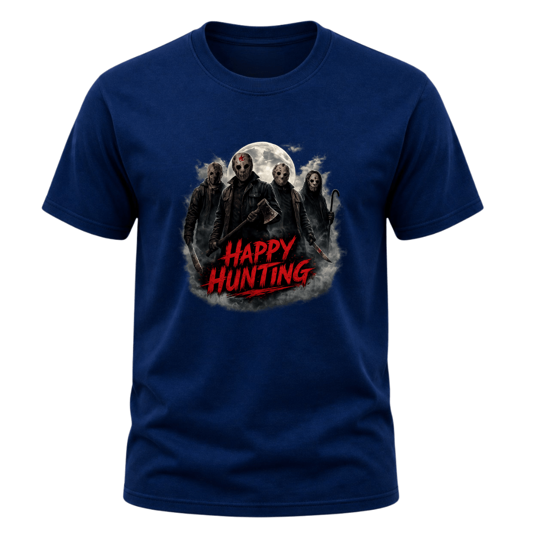 Navy adult Halloween T shirt displaying masked horror figures beneath a full moon with dark smoke and red Happy Hunting text.