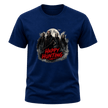 Navy adult Halloween T shirt displaying masked horror figures beneath a full moon with dark smoke and red Happy Hunting text.