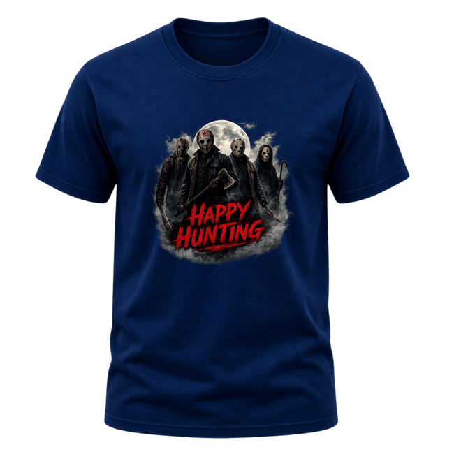 Navy adult Halloween T shirt displaying masked horror figures beneath a full moon with dark smoke and red Happy Hunting text.