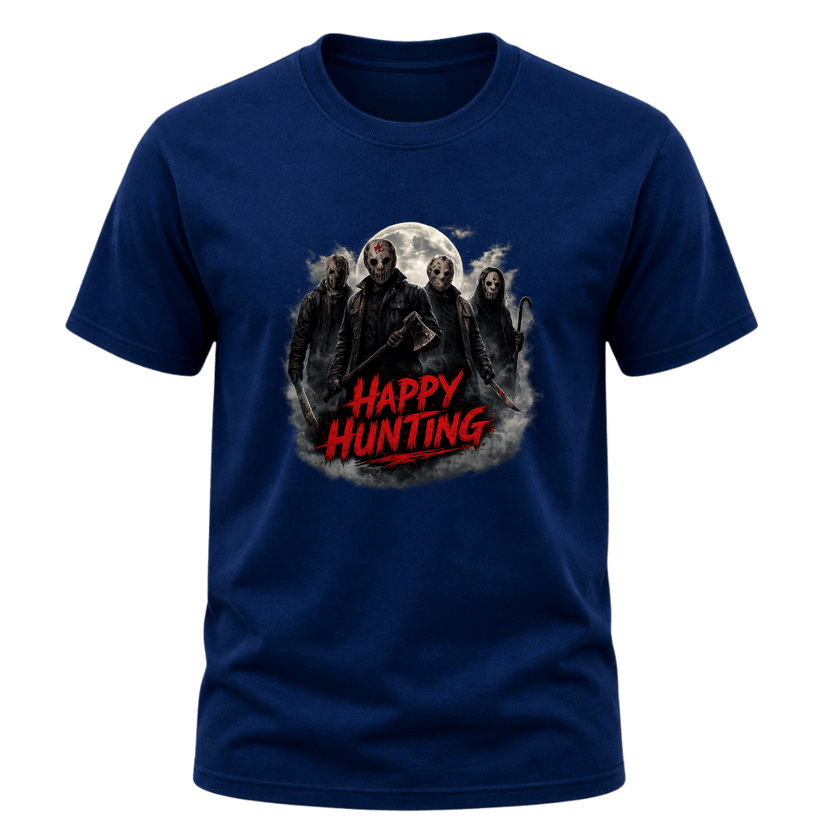 Navy adult Halloween T shirt displaying masked horror figures beneath a full moon with dark smoke and red Happy Hunting text.