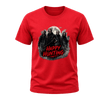 Bright red Happy Hunting adult horror T shirt with a dark moonlit graphic, masked characters and bold red typography.