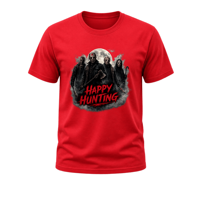 Bright red Happy Hunting adult horror T shirt with a dark moonlit graphic, masked characters and bold red typography.