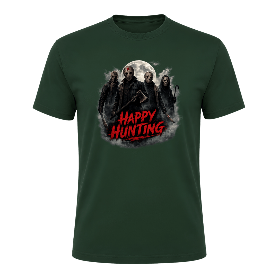 Forest green adult Halloween shirt featuring a dark masked group, glowing moon and distressed Happy Hunting typography.