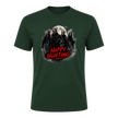 Forest green adult Halloween shirt featuring a dark masked group, glowing moon and distressed Happy Hunting typography.