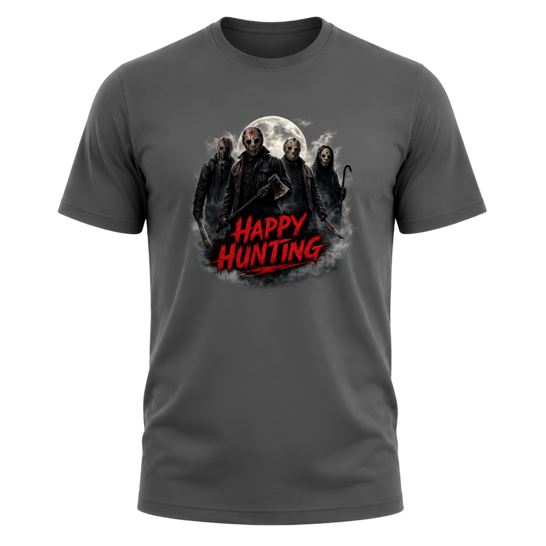 Charcoal grey Happy Hunting horror tee with masked figures, moonlight, smoky shadows and striking red lettering.