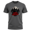 Charcoal grey Happy Hunting horror tee with masked figures, moonlight, smoky shadows and striking red lettering.