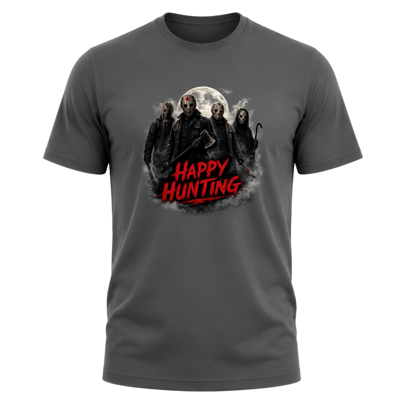 Charcoal grey Happy Hunting horror tee with masked figures, moonlight, smoky shadows and striking red lettering.