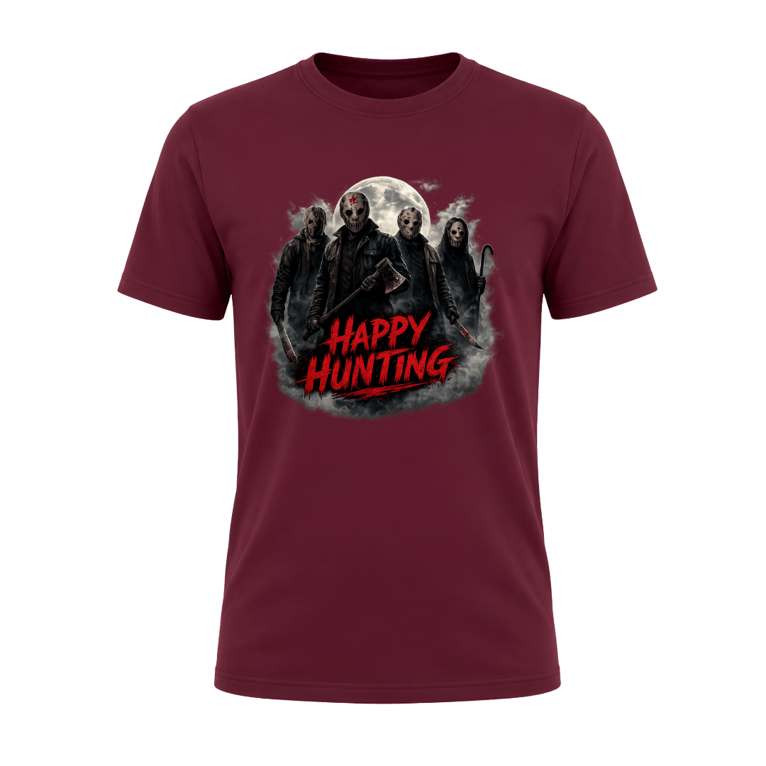 Maroon Happy Hunting adult graphic T shirt with cinematic horror artwork and a bold red seasonal message.