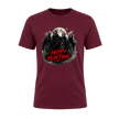 Maroon Happy Hunting adult graphic T shirt with cinematic horror artwork and a bold red seasonal message.