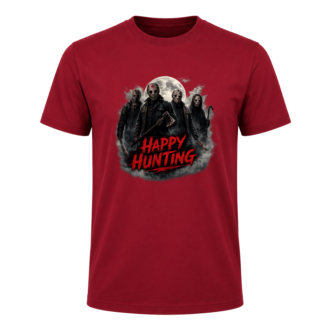 Bright red Happy Hunting adult horror T shirt with a dark moonlit graphic, masked characters and bold red typography.