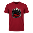 Bright red Happy Hunting adult horror T shirt with a dark moonlit graphic, masked characters and bold red typography.
