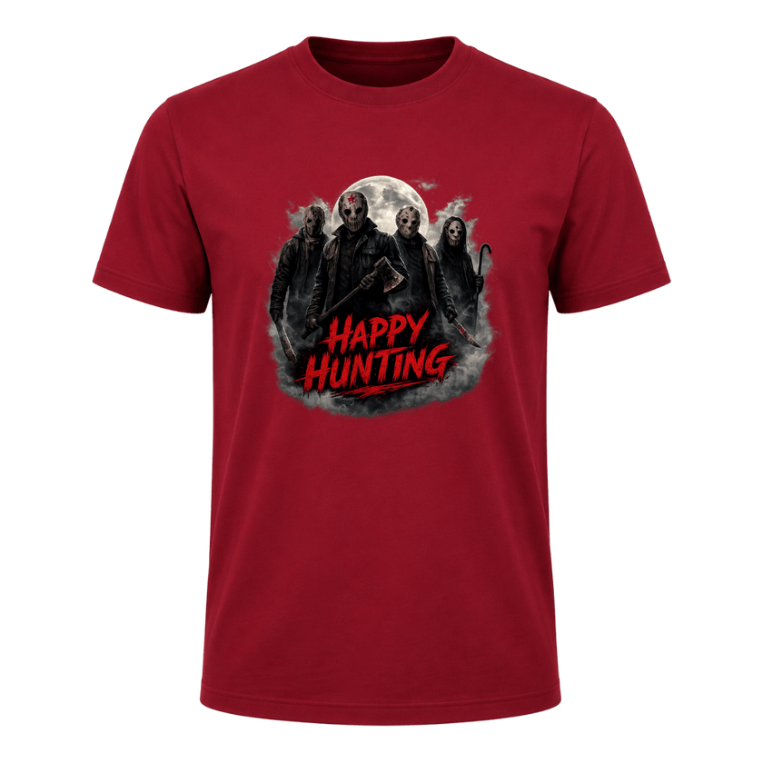 Bright red Happy Hunting adult horror T shirt with a dark moonlit graphic, masked characters and bold red typography.