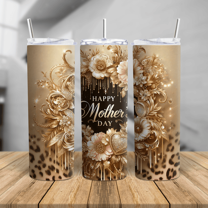 Gold floral leopard Mother’s Day skinny tumbler with pink flowers, hearts, and luxury design on stainless steel cup