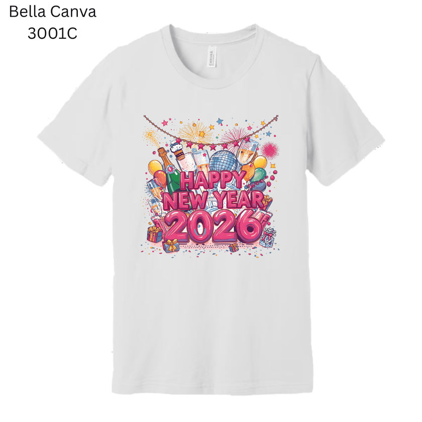 Holiday 2026 graphic tee with bright party design on white bella+canva shirt.