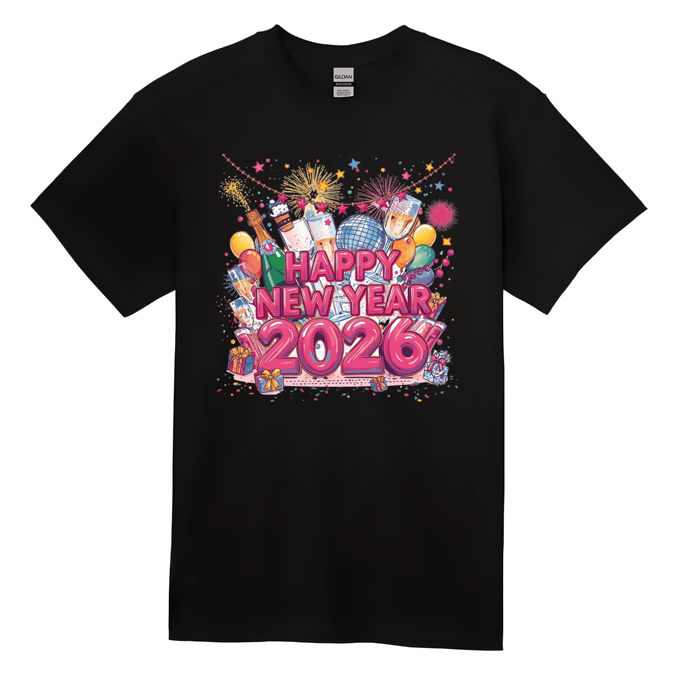 Unisex New Year 2026 party T-shirt with vibrant celebration illustration.