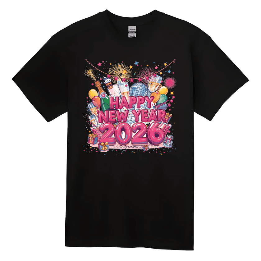 Unisex New Year 2026 party T-shirt with vibrant celebration illustration.