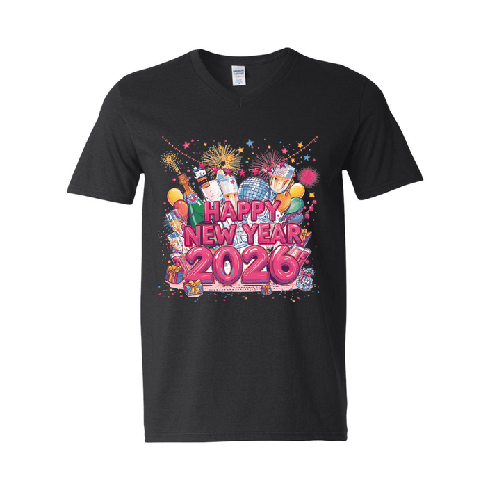 Black New Year 2026 celebration T-shirt featuring festive balloons and confetti.