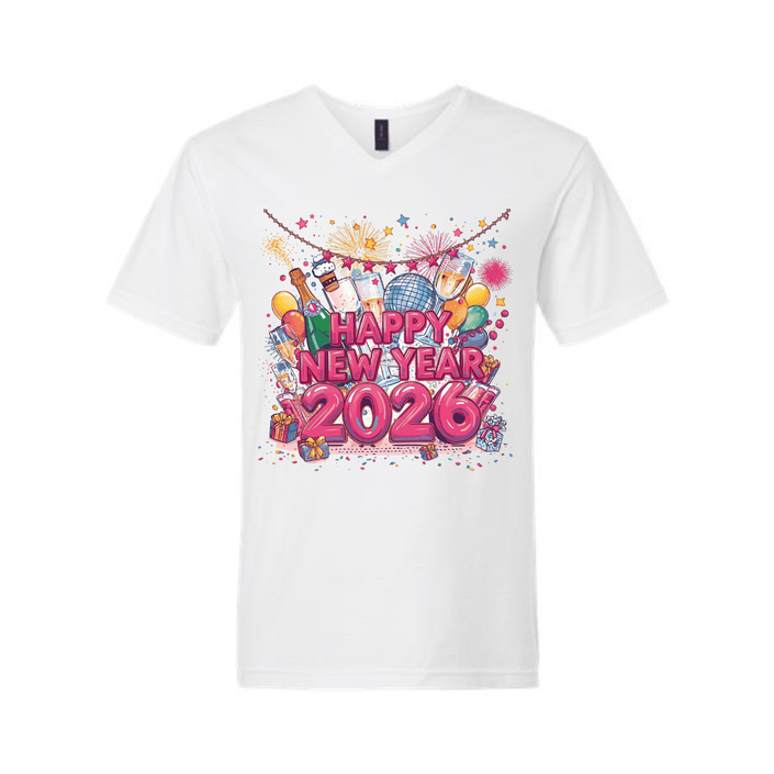 White Happy New Year 2026 T-shirt with colorful fireworks and party graphics