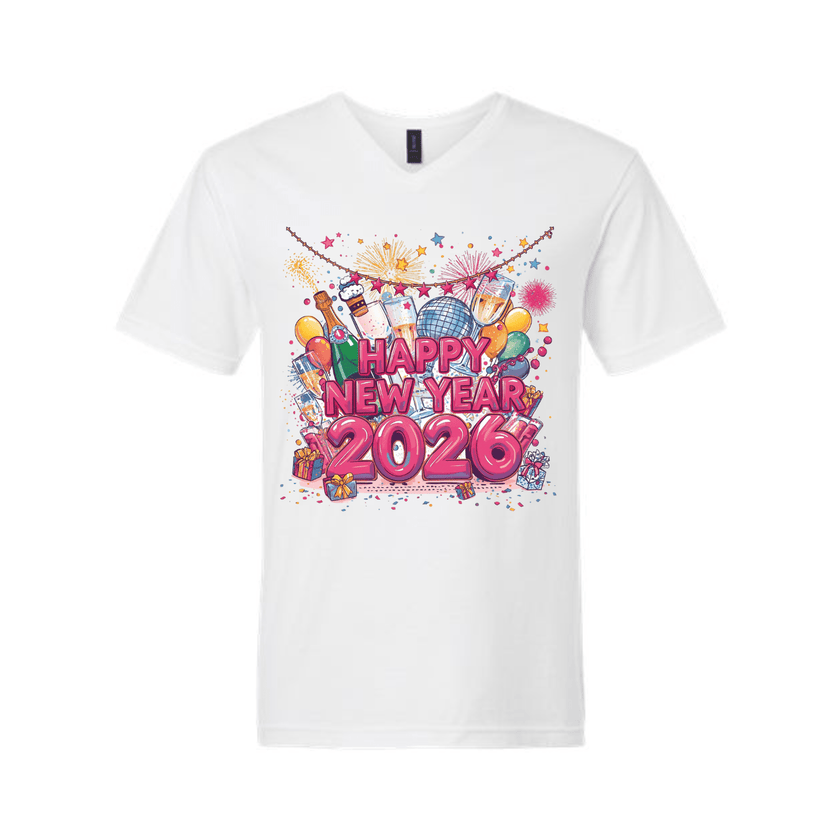 White Happy New Year 2026 T-shirt with colorful fireworks and party graphics