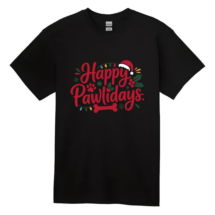 Black Happy Pawlidays Christmas dog lover t-shirt with festive paw print holiday design.