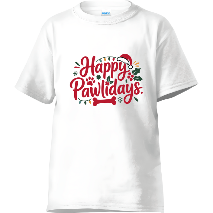 White Happy Pawlidays Christmas t-shirt for dog lovers featuring Santa hat and paw prints.