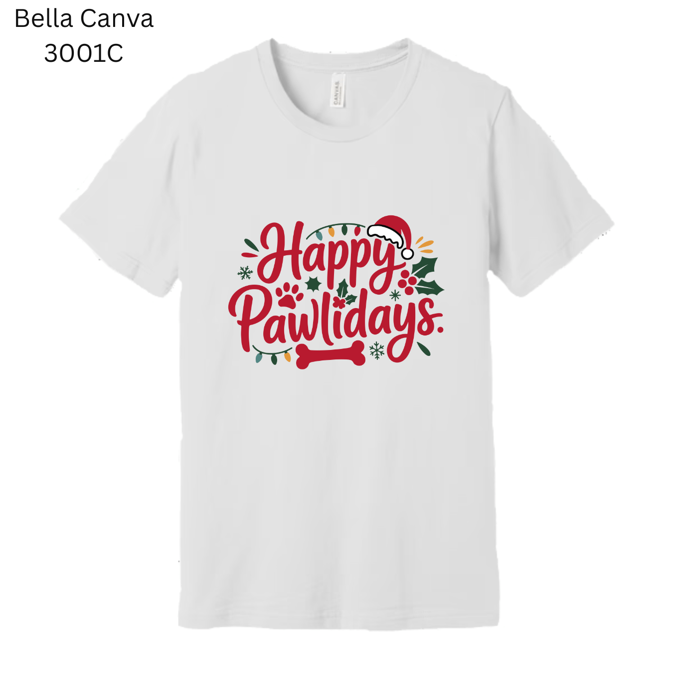Happy Pawlidays shirt with Christmas paw prints, holly leaves, and Santa hat illustration.