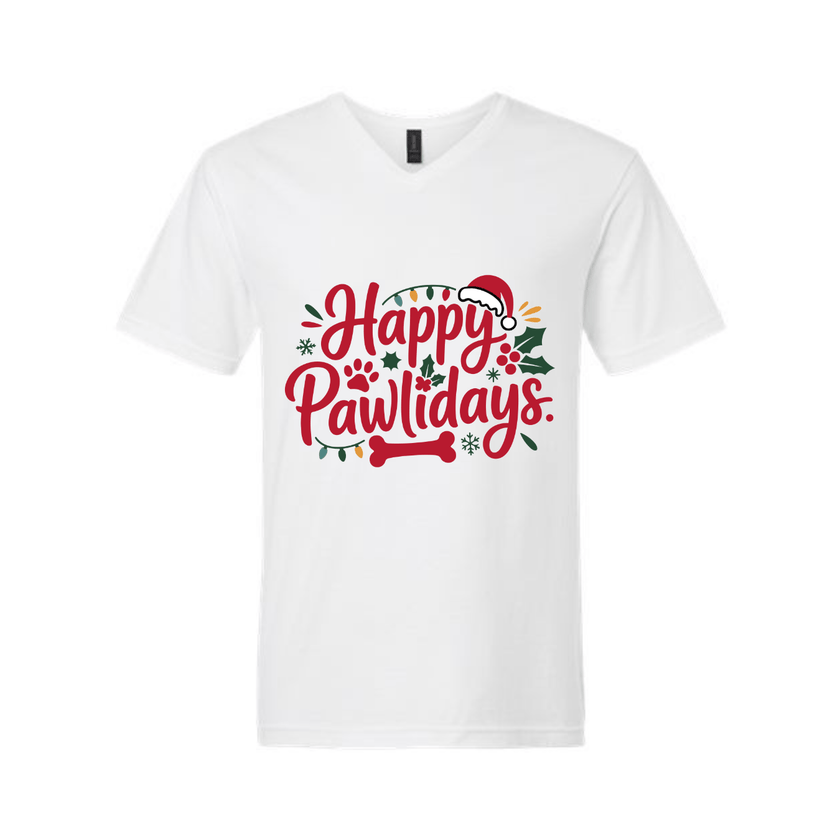 Festive pet owner shirt with holiday paw print design and Christmas colors.