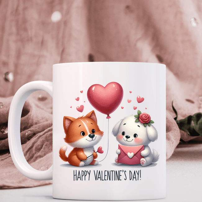 Cute Valentine’s mug featuring animal couple and heart balloon