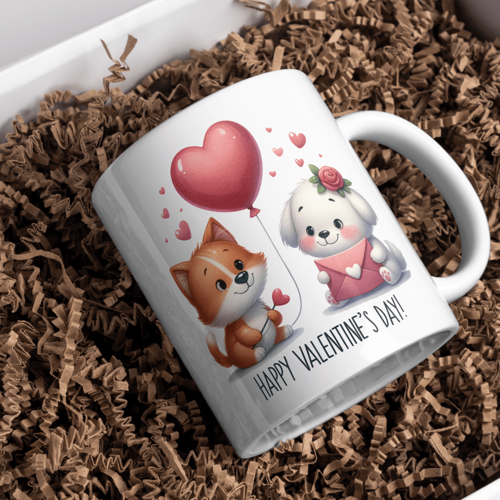 Adorable fox and puppy love design printed on Valentine coffee mug