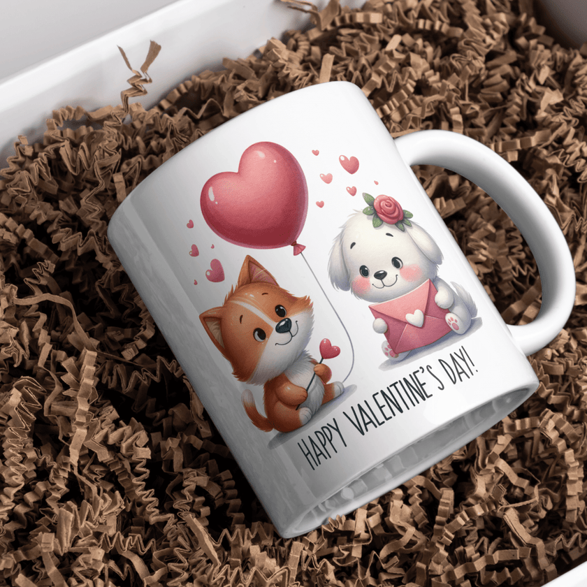 Adorable fox and puppy love design printed on Valentine coffee mug