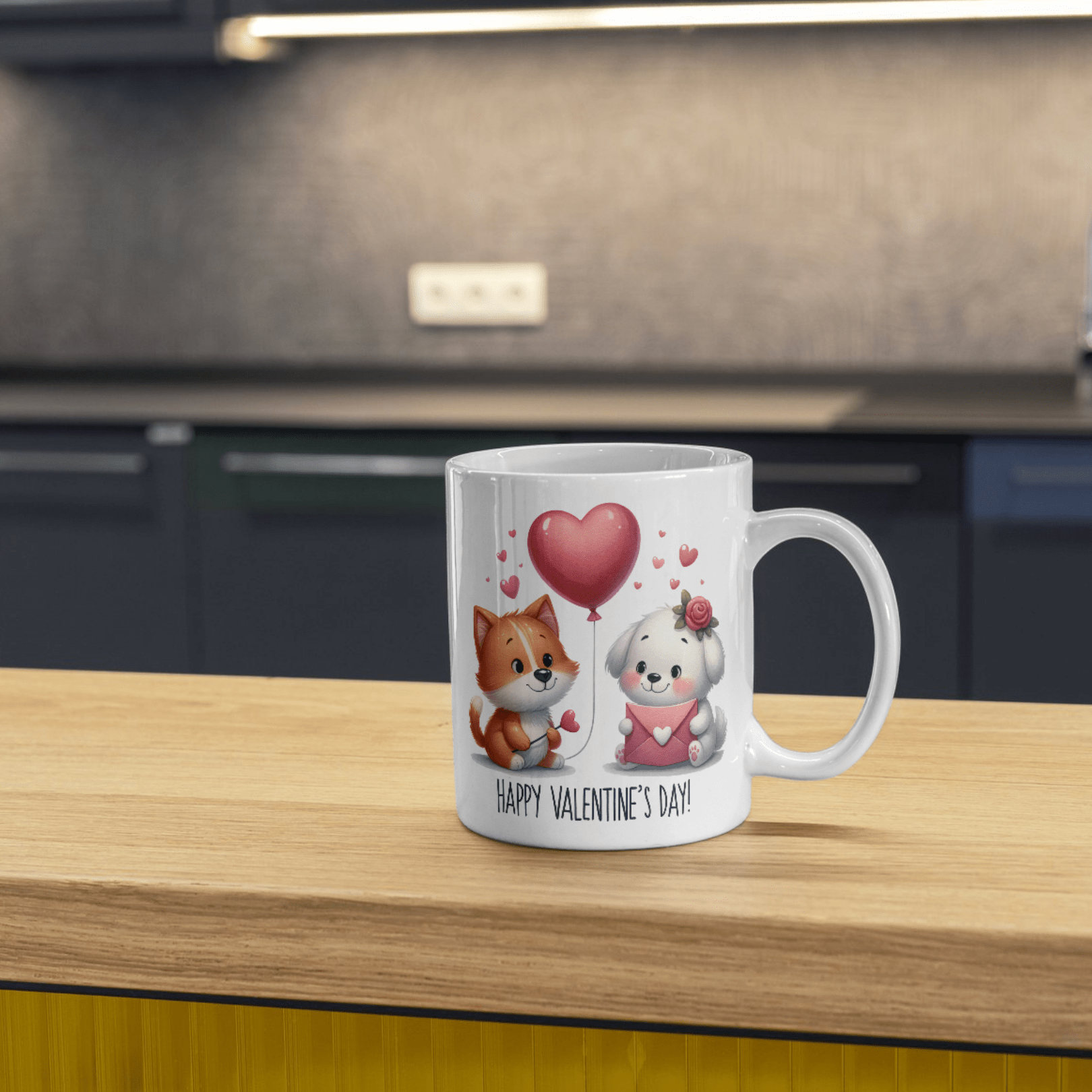 White ceramic Valentine’s Day mug with cute fox and puppy holding hearts