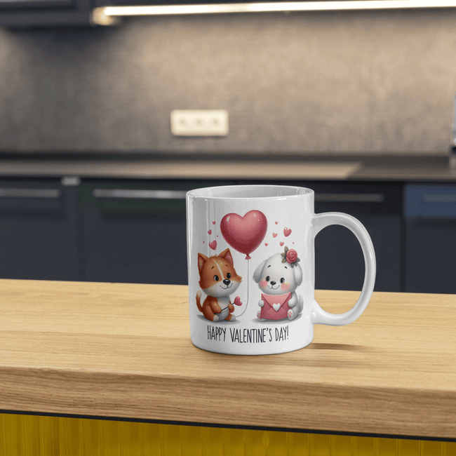 White ceramic Valentine’s Day mug with cute fox and puppy holding hearts