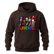 Dark chocolate Horror Friends hoodie with detailed Halloween character artwork and colourful graphic lettering