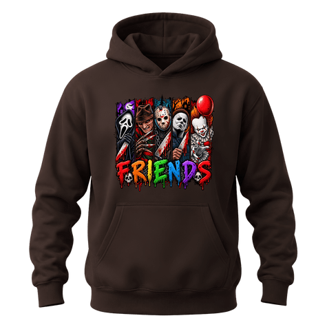 Dark chocolate Horror Friends hoodie with detailed Halloween character artwork and colourful graphic lettering