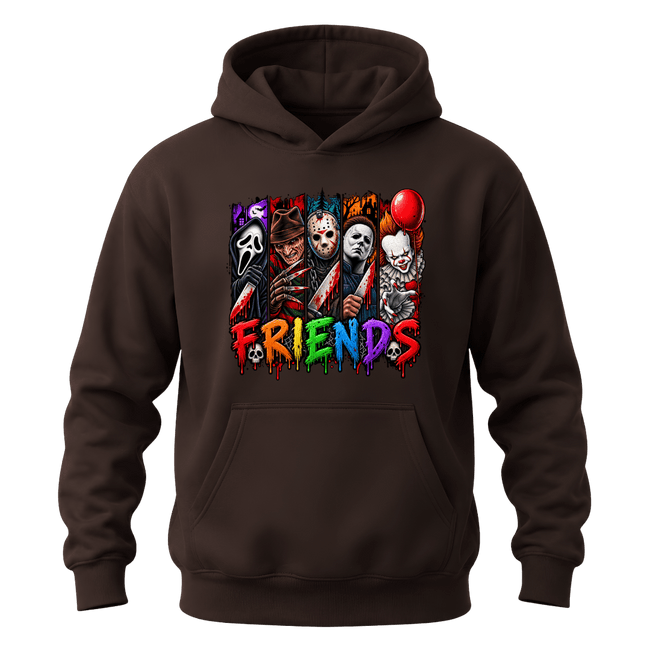 Dark chocolate Horror Friends hoodie with detailed Halloween character artwork and colourful graphic lettering