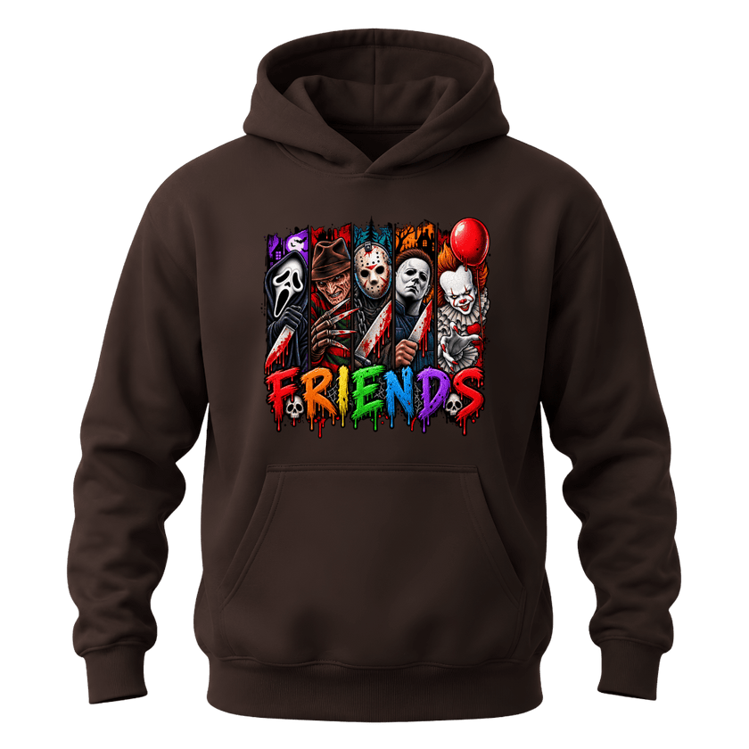 Dark chocolate Horror Friends hoodie with detailed Halloween character artwork and colourful graphic lettering